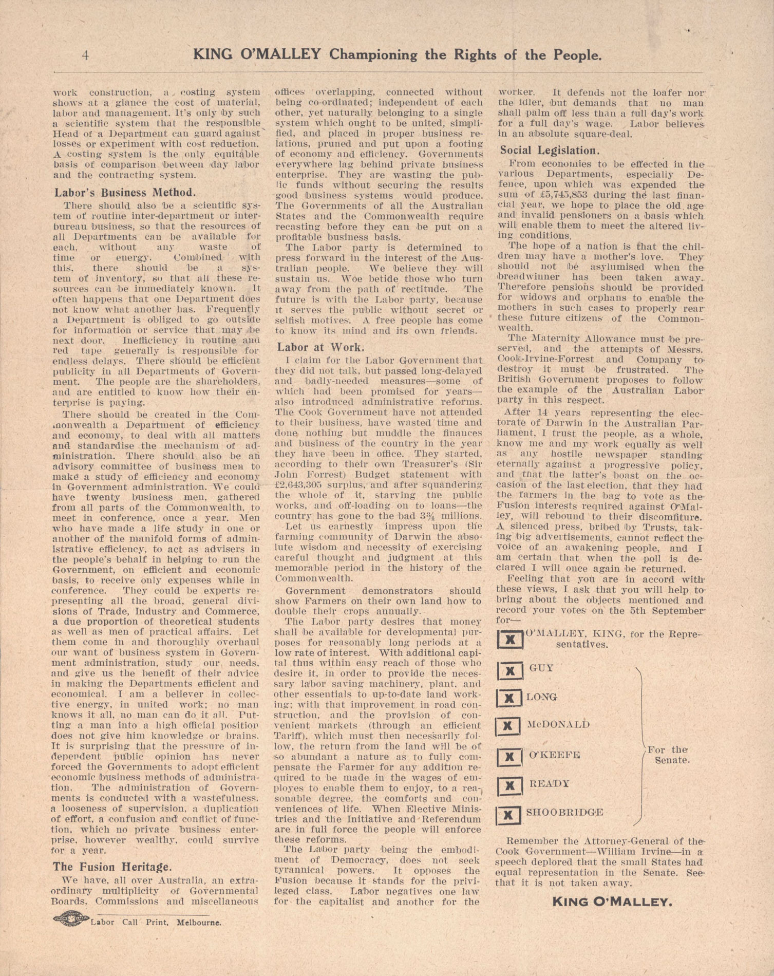 King O'Malley's election campaign brochure from 1914. King O'Malley's election campaign brochure from 1914.