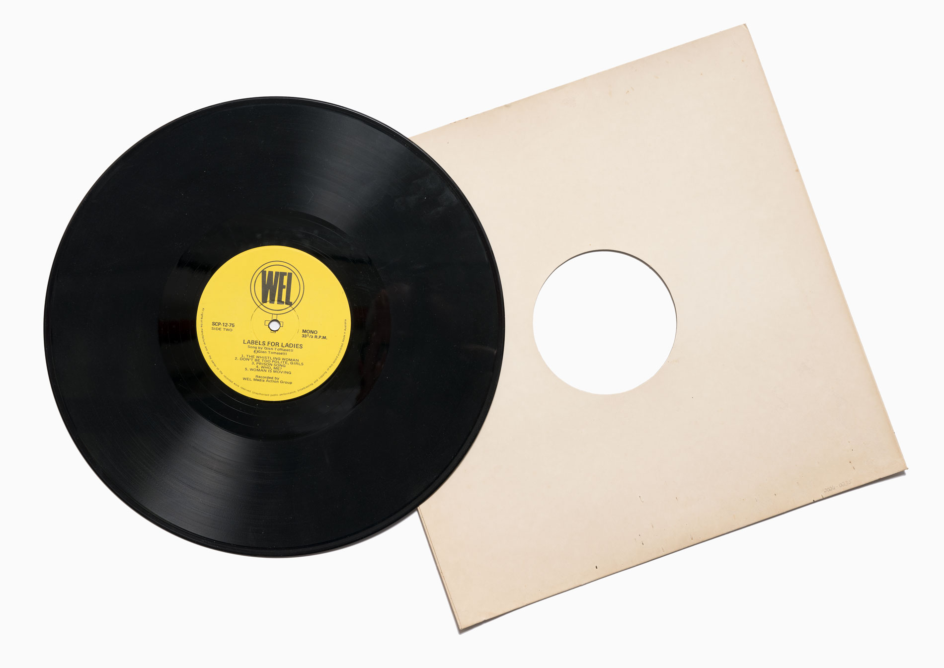 A black vinyl record with a yellow label. Text on the label reads 'WEL: labels for ladies'.