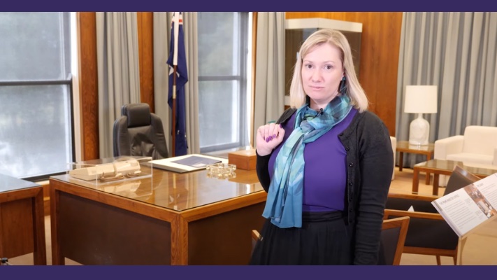 A women stands in the recreated Australian prime minister's office at Old Parliament House. A women stands in the recreated Australian prime minister's office at Old Parliament House.
