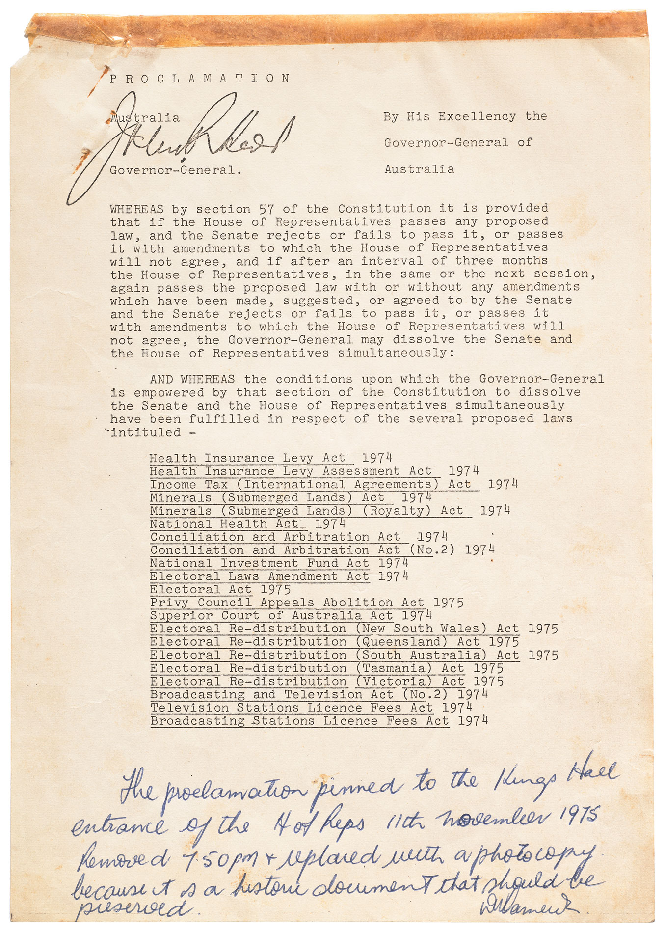 Front page of the proclamation dissolving parliament in 1975.
