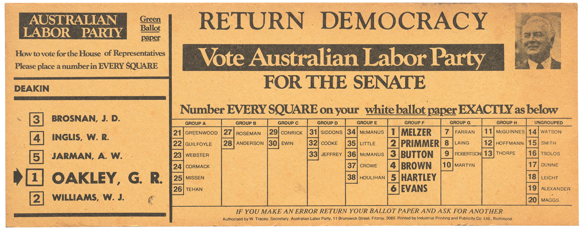  A Labor Party how to vote card from the 1975 election.
