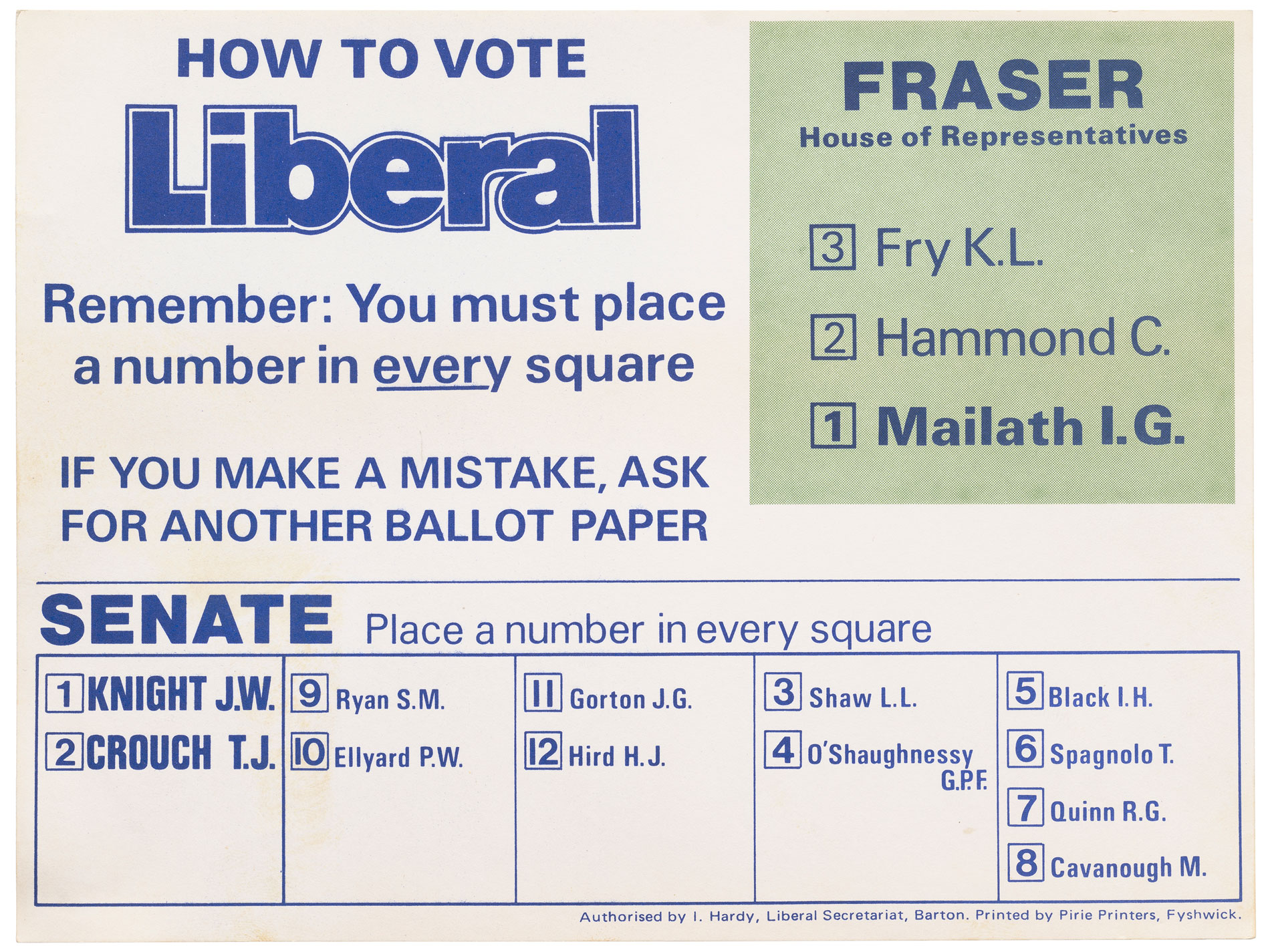 Liberal Party how to vote card from the 1975 election.