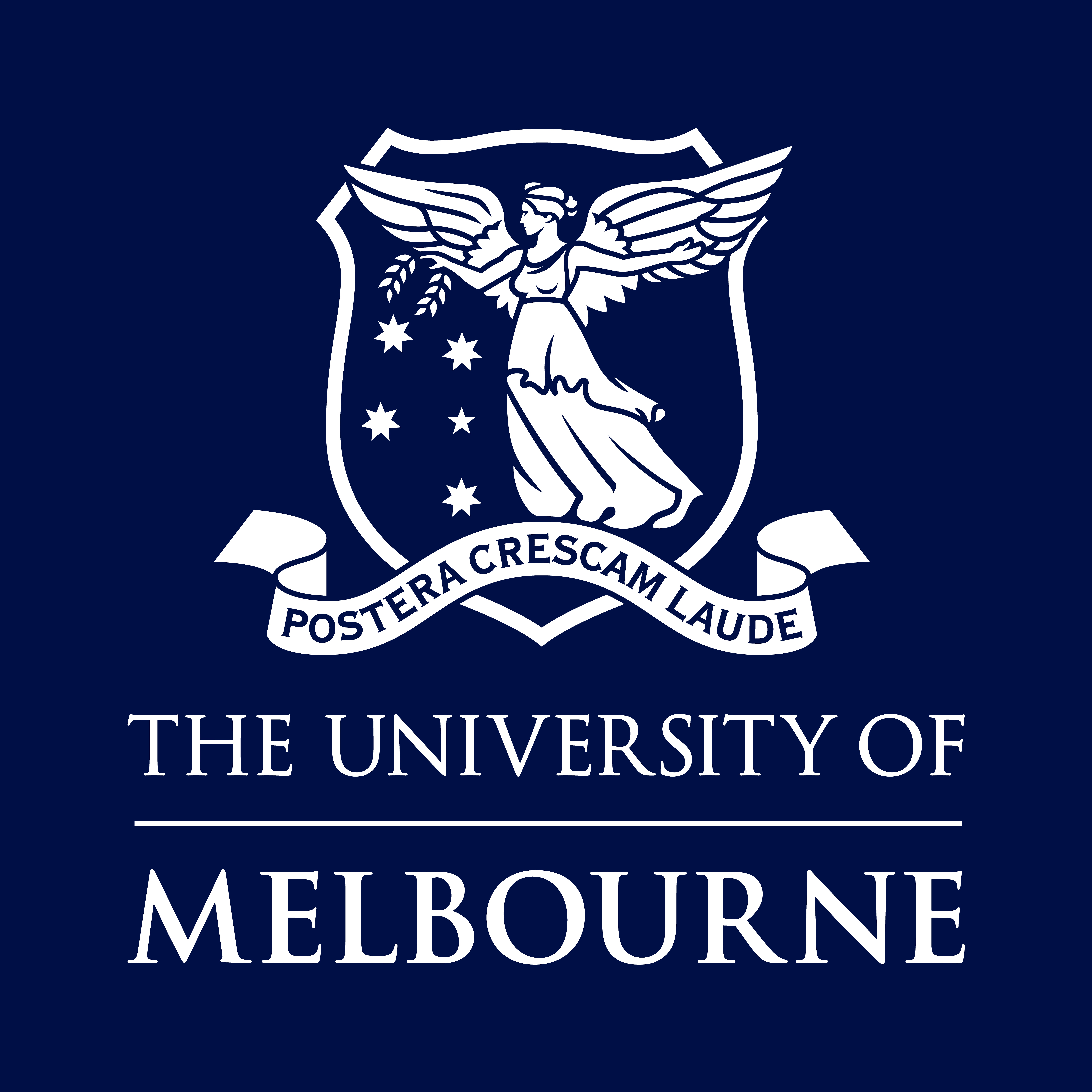 The University of Melbourne blue and white logo. The University of Melbourne blue and white logo.