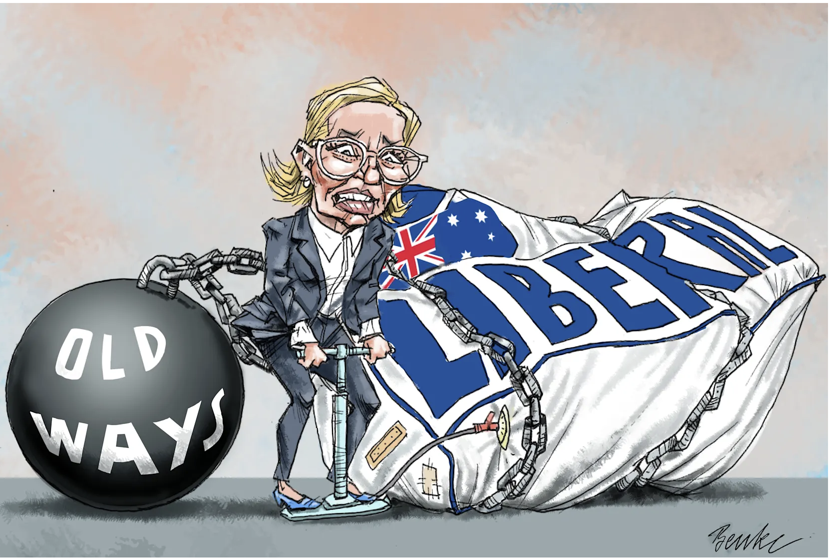 Leader of the Opposition Sussan Ley tries to inflate a sign that says, 'Liberal.' It is weighed down by a ball and chain that says, 'Old ways.' 