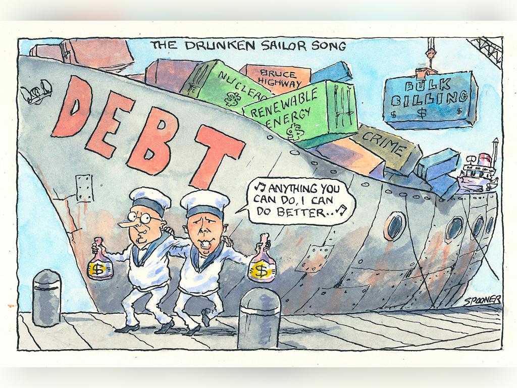 Former Liberal leader Peter Dutton sings, 'Anything you can do, I can do better.' He and PM Anthony Albanese are dressed as sailors in front of a huge ship labelled 'debt' and full of different political issues. 