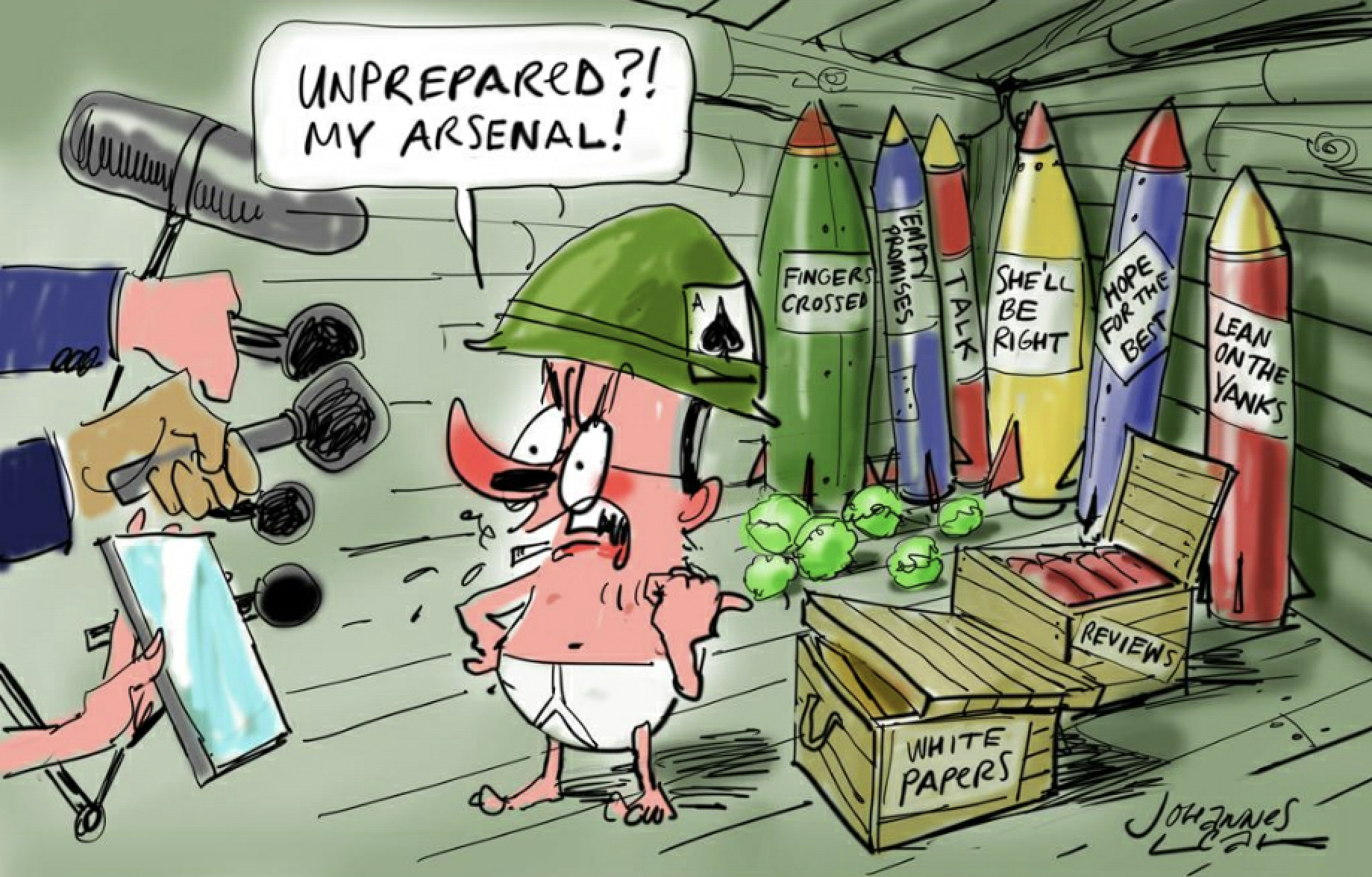 PM Anthony Albanese in white underwear and an army helmet says, 'Unprepared? My arsenal!' He points to missiles labelled with phrases such as 'Fingers crossed' and 'Lean on the Yanks.' 