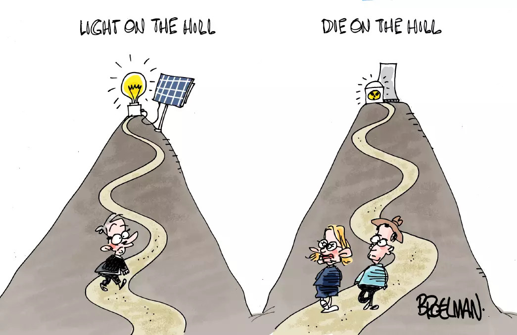 PM Anthony Albanese heads up a hill towards solar power labelled 'light on the hill.' Liberal leader Sussan Ley and Nationals leader David Littleproud walk up a hill labelled 'die on the hill,' with a nuclear power station. 
