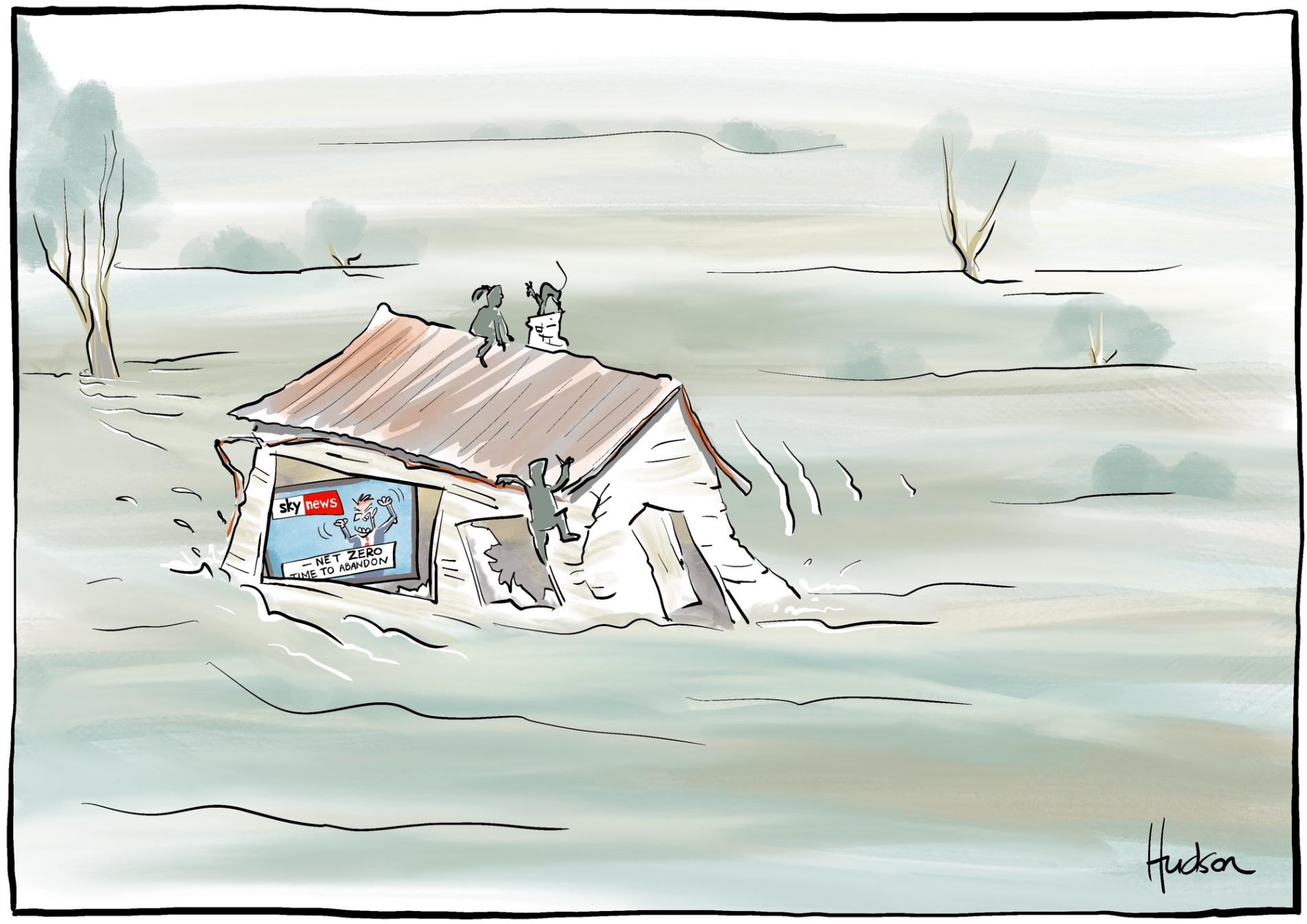 People climb onto their roof with their cat. Inside their rapidly flooding home it says on TV, 'Net zero – time to abandon.' 