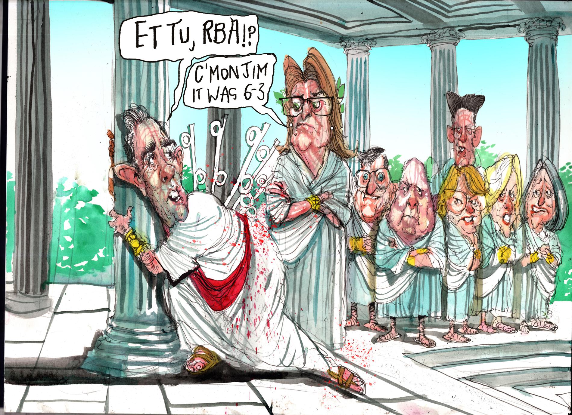 Treasurer Jim Chalmers dressed as Julius Caesar has been stabbed in the back by percentages. He says, 'Et tu, RBA?' Governor of the Reserve Bank Michele Bullock says, 'C'mon Jim it was 6-3.' 