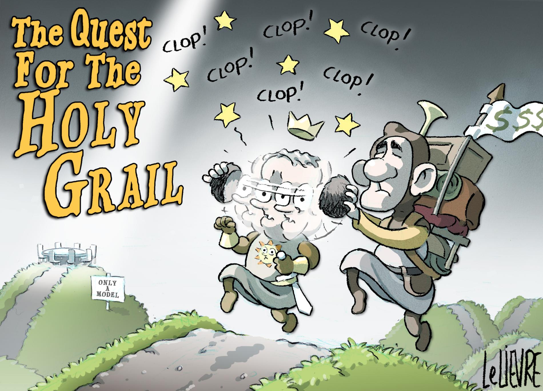 In the style of Monty Python's films, text reads, 'The Quest for the Holy Grail.' Patsy, King Arthur's servant, clops coconuts together around PM Anthony Albanese's head, who is dressed as King Arthur. 