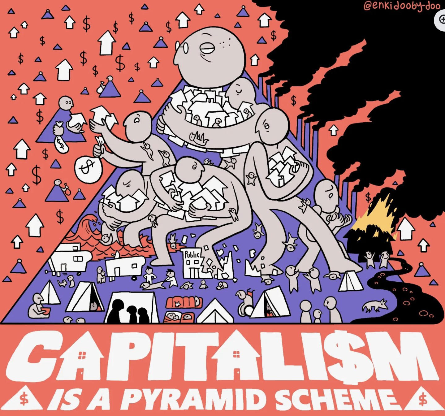A graphic of a pyramid shows rich people at the top hoarding houses and money, and public services and housing being crushed at the base. Text reads, 'Capitalism is a pyramid scheme.' 