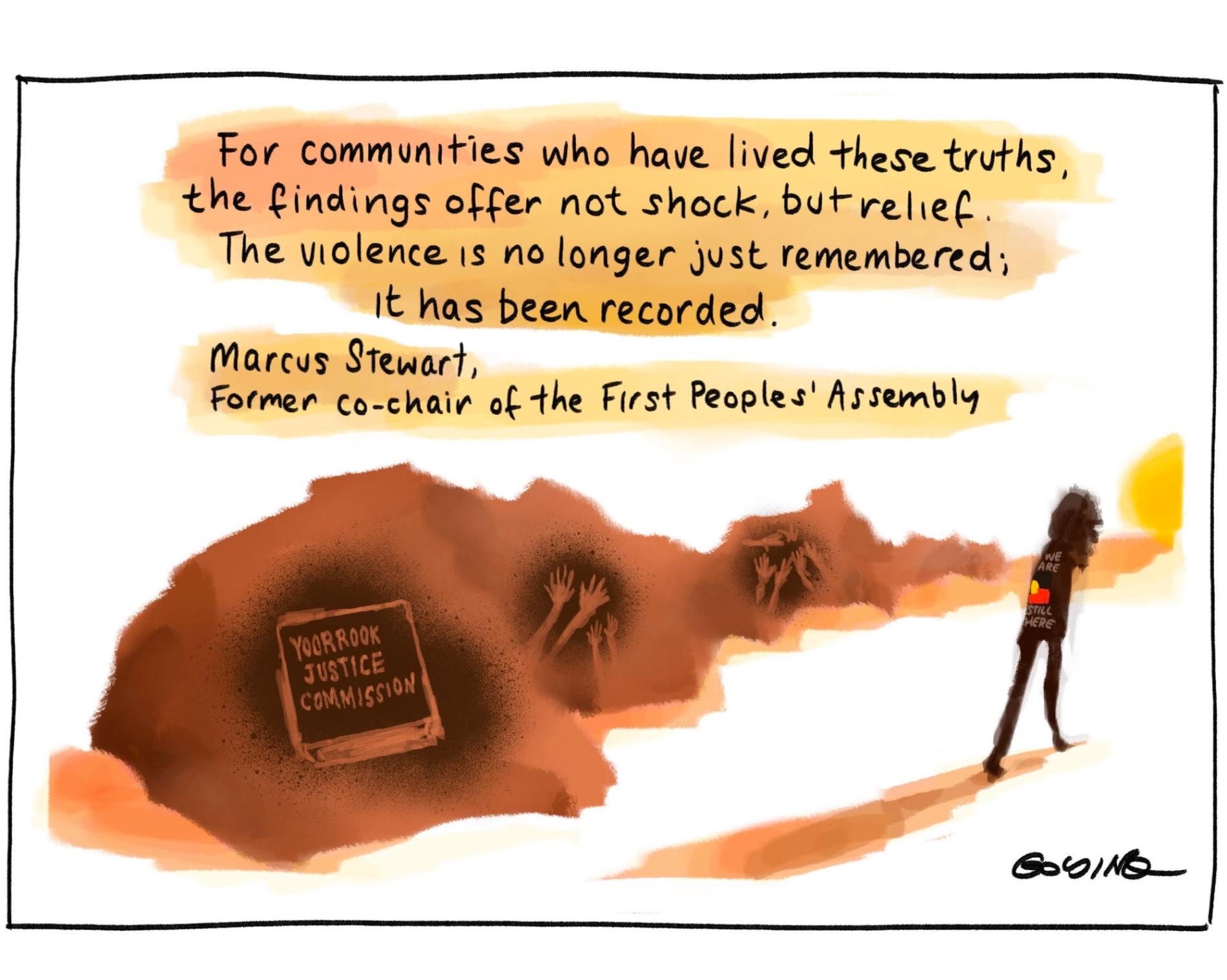 An Aboriginal man walks sadly away from rock art which reads 'Yoorook Justice Commission'. A quote above reads, 'For communities who have lived these truths, the findings offer not shock, but relief. The violence is no longer just remembered; it has been recorded. Marcus Stewart, former co-chair of the First Peoples' Assembly.' 