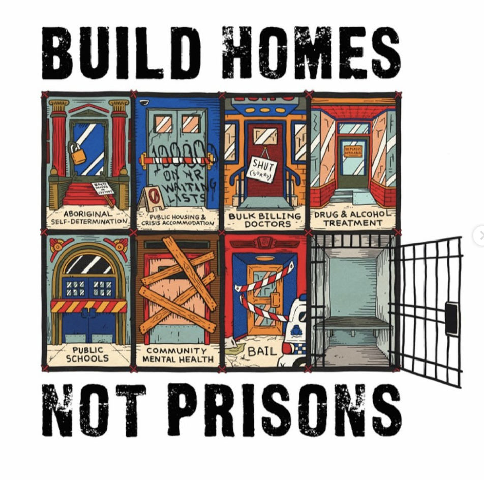 Text reads, 'Build homes not prisons.' Small panels show neglected social services, and one well-kept prison with an open door. 