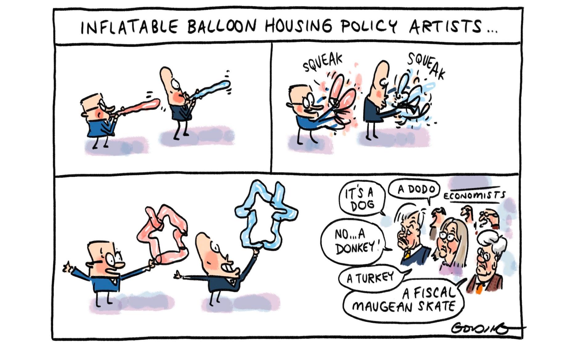 Text reads, ' Inflatable balloon housing policy artists. ' PM Anthony Albanese and former Liberal leader Peter Dutton make balloon animal houses. Economists say, 'It's a dog; a dodo; no… a donkey!; A turkey; a fiscal maugean skate.' 