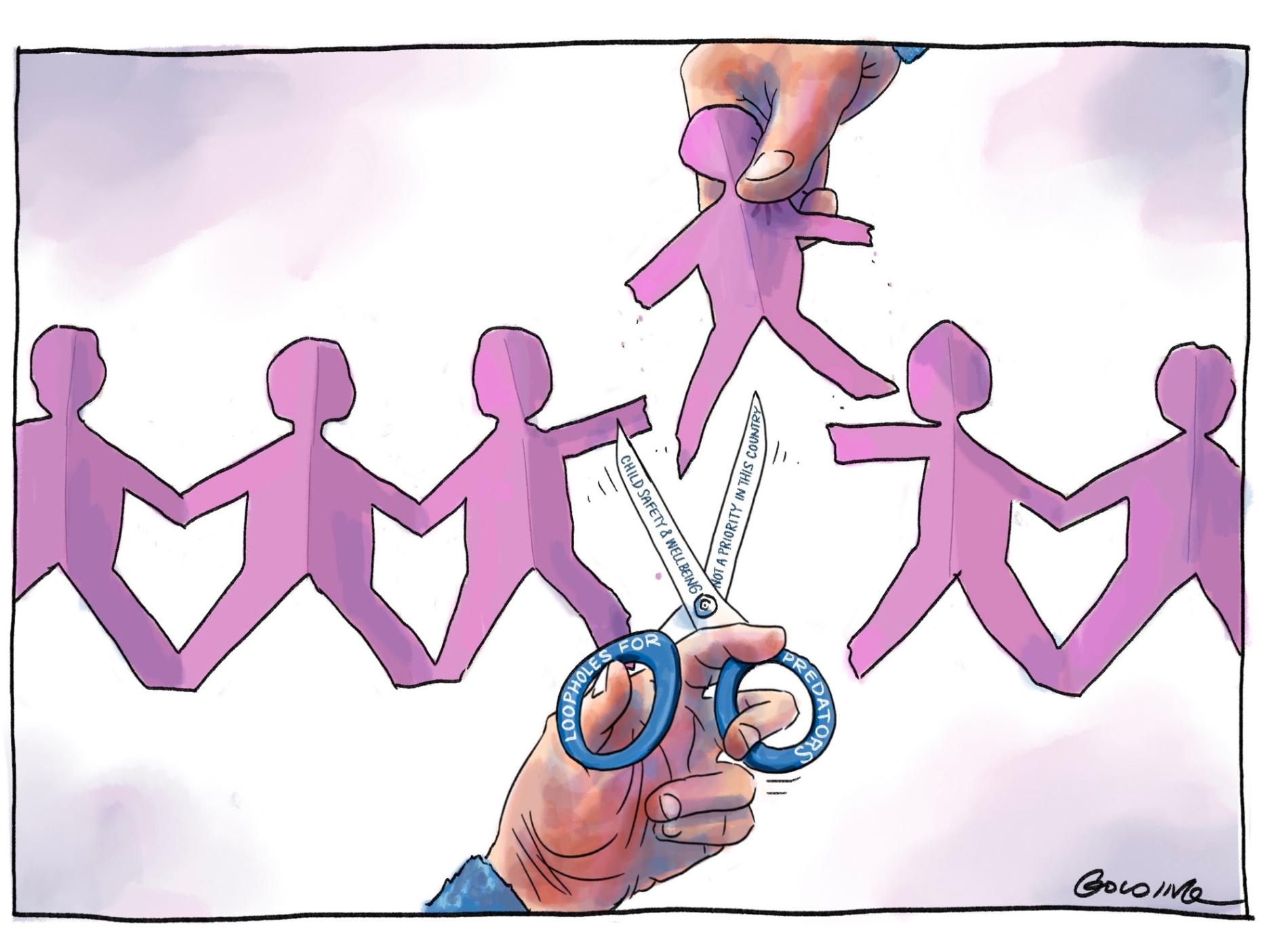 Scissors cut through a row of pink paper people. The handles are labelled 'Loopholes for predators,' and the blades, 'Child safety and wellbeing not a priority in this country.' 