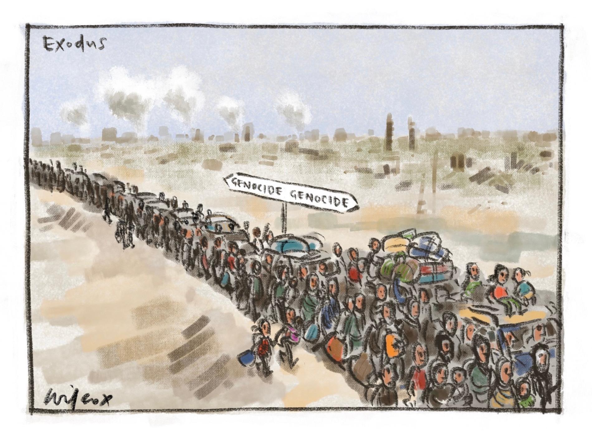 A huge trail of people walk on a road with their luggage. A sign pointing in both directions reads, 'Genocide'. 