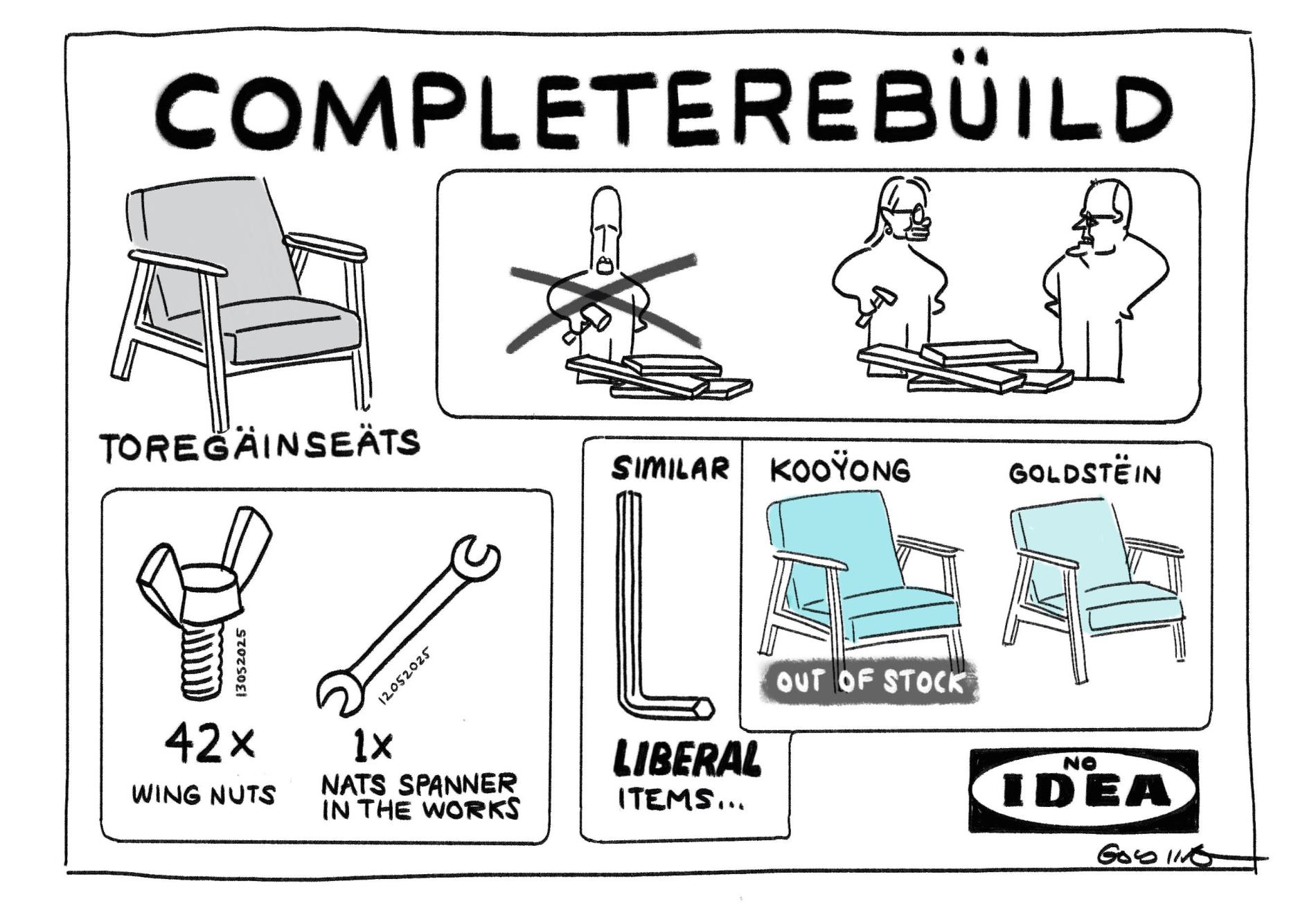 A mock Ikea instruction manual shows Peter Dutton crossed out, with a man and a woman building a chair. The instructions have names in the style of Ikea furniture names. The final panel shows 'Kooyong' out of stock, and 'Goldstein' in stock. 
