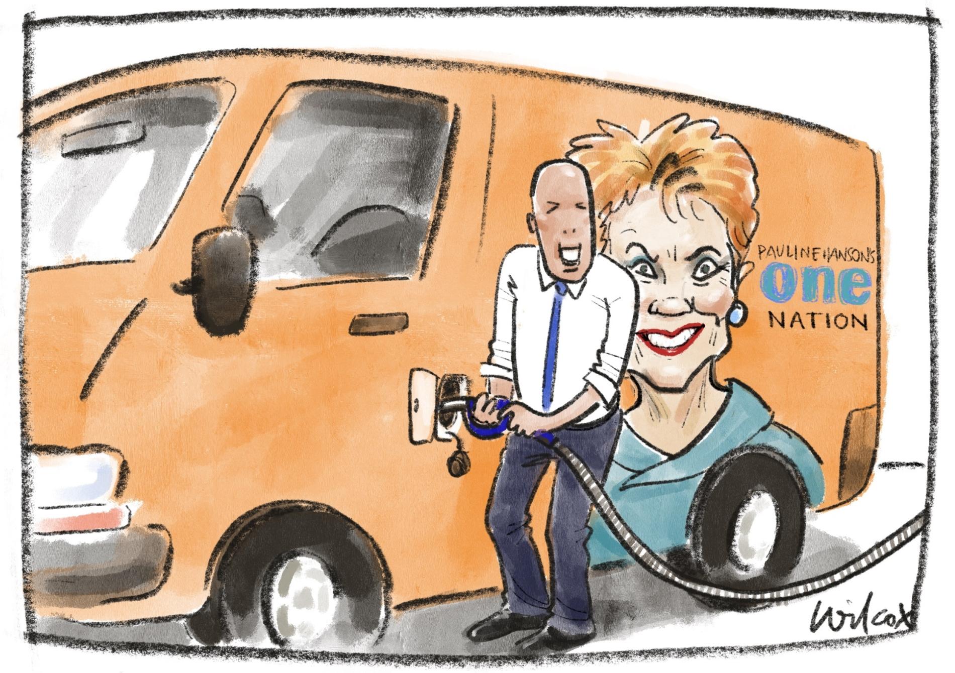 Former Liberal leader Peter Dutton puts fuel into a van labelled 'Pauline Hanson's One Nation.'