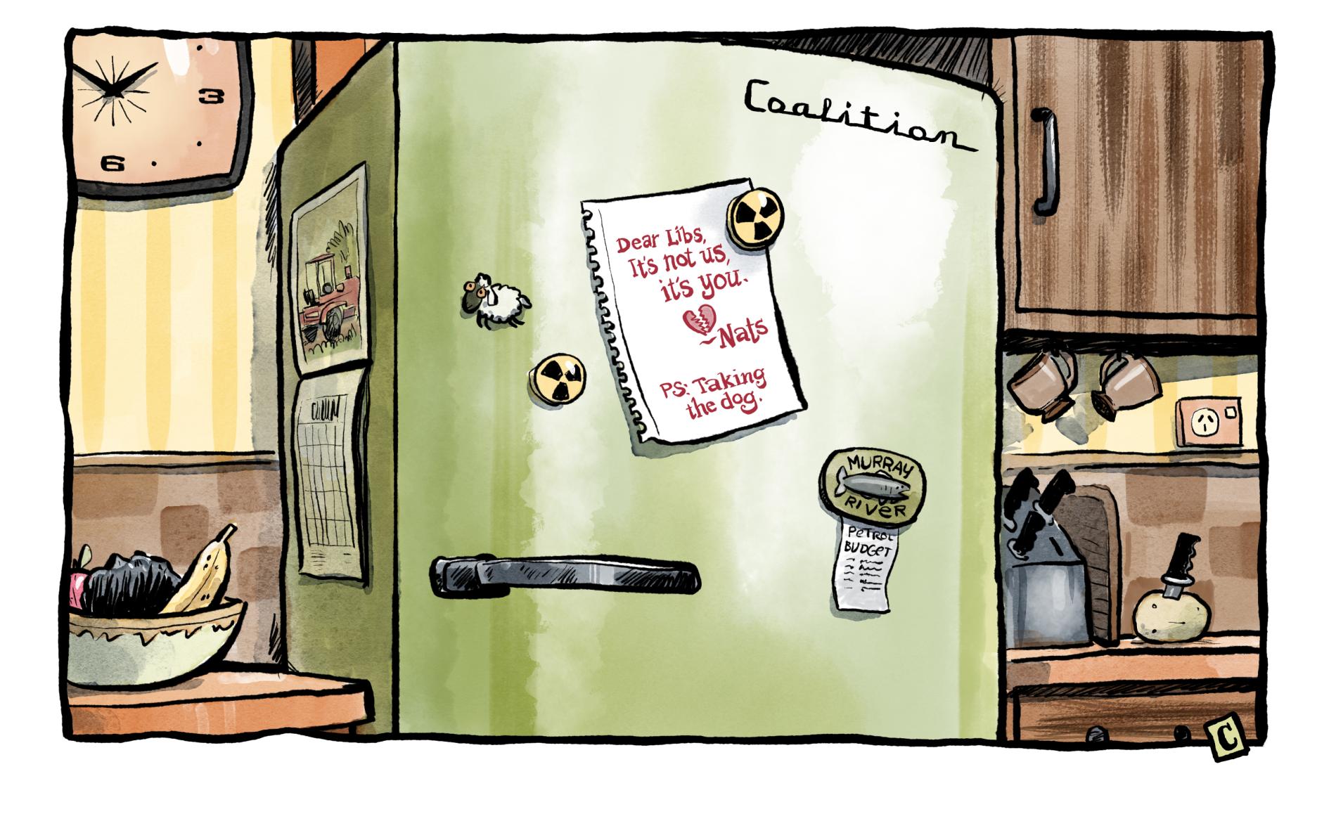 A note on a fridge reads, 'Dear libs, it's not us, it's you. – Nats. PS Taking the dog.' 