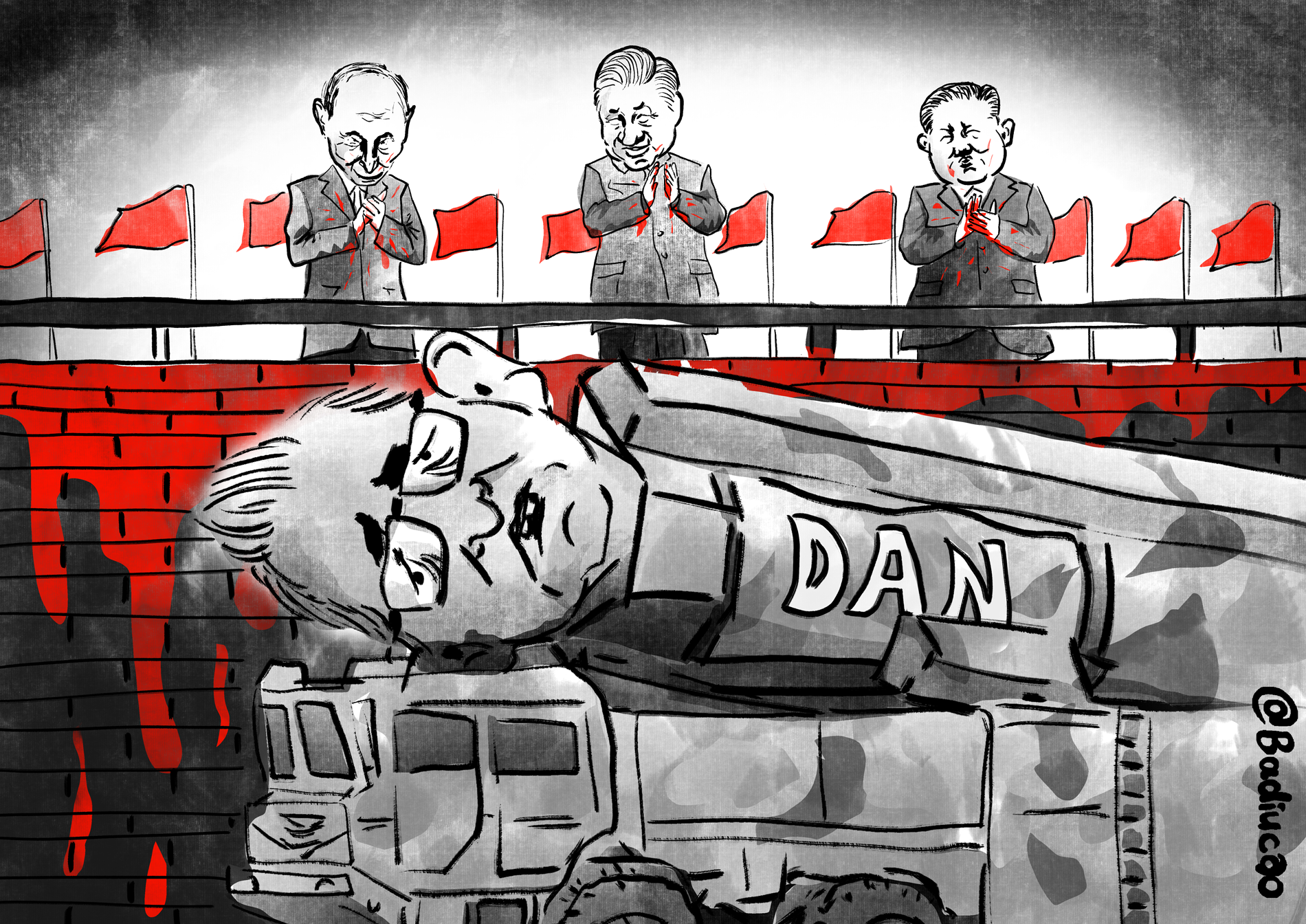 Russian President Vladimir Putin, Chinese President Xi Jinping and North Korean leader Kim Jong Un attend a military parade overlooking a large vehicle in the shape of former Victorian premier Dan Andrews. 