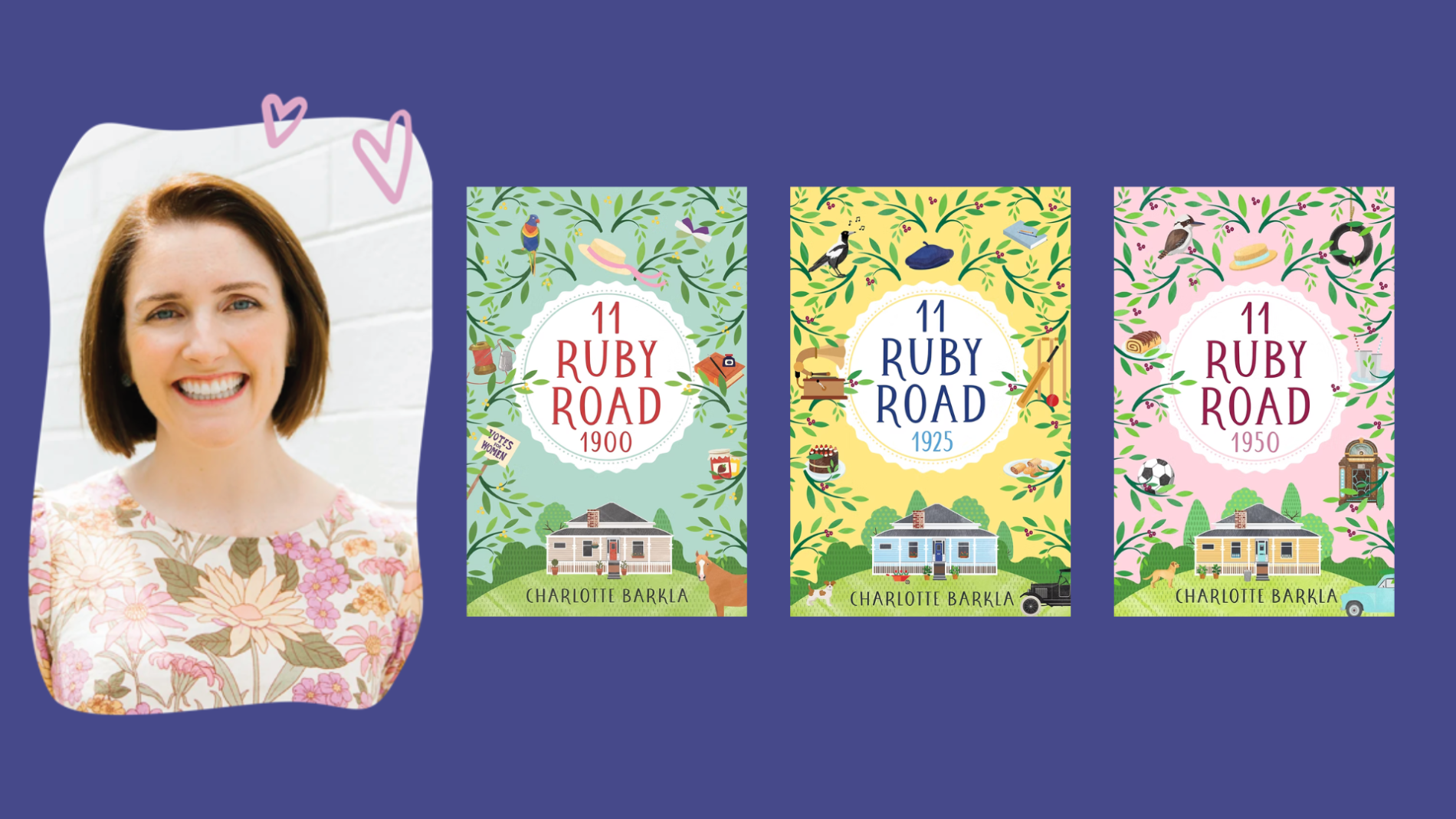 Charlotte Barkla next to the covers of her books '11 Ruby Road 1900', '11 Ruby Road 1925', and '11 Ruby Road 1950'