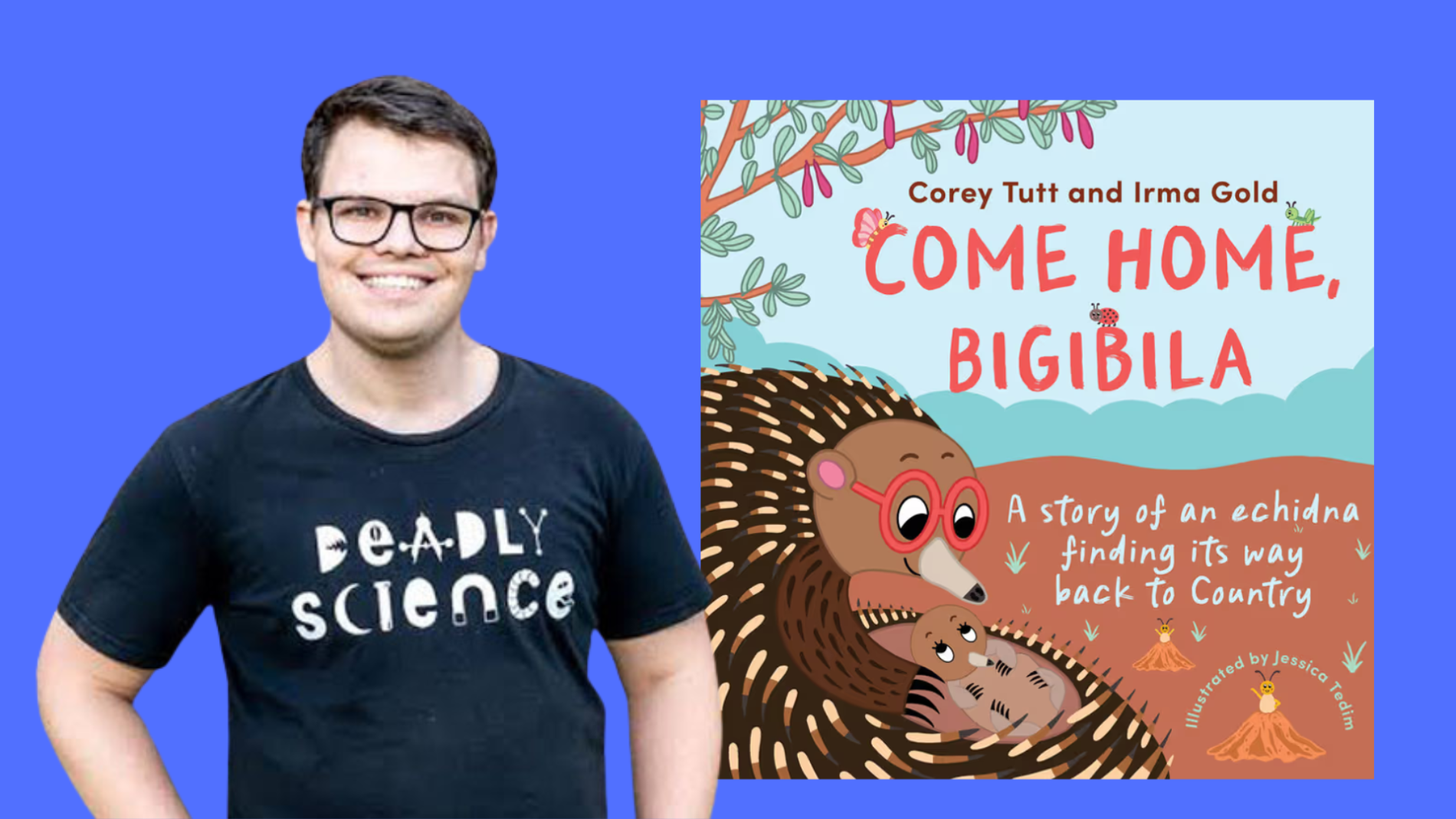 Corey Tutt standing near a render of his book 'Come Home, Bigibilia'