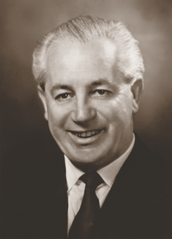 A scan of a black and white portrait image showing former prime minister Harold Holt.