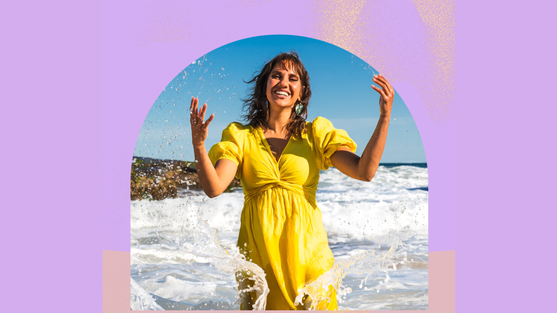 An image of Kirli Saunders playing in the water at a beach in front of an abstract background with block colours.