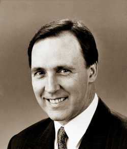A black and white portrait image showing former prime minister Paul Keating.