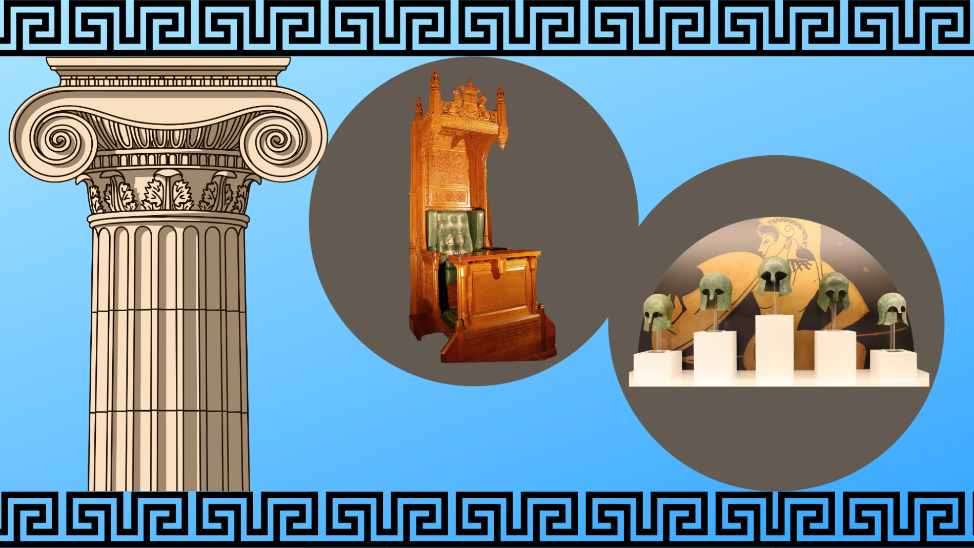 A graphic image featuring a Corinthian column, an image of the Speaker's Chair, and some ancient Greek helmets.