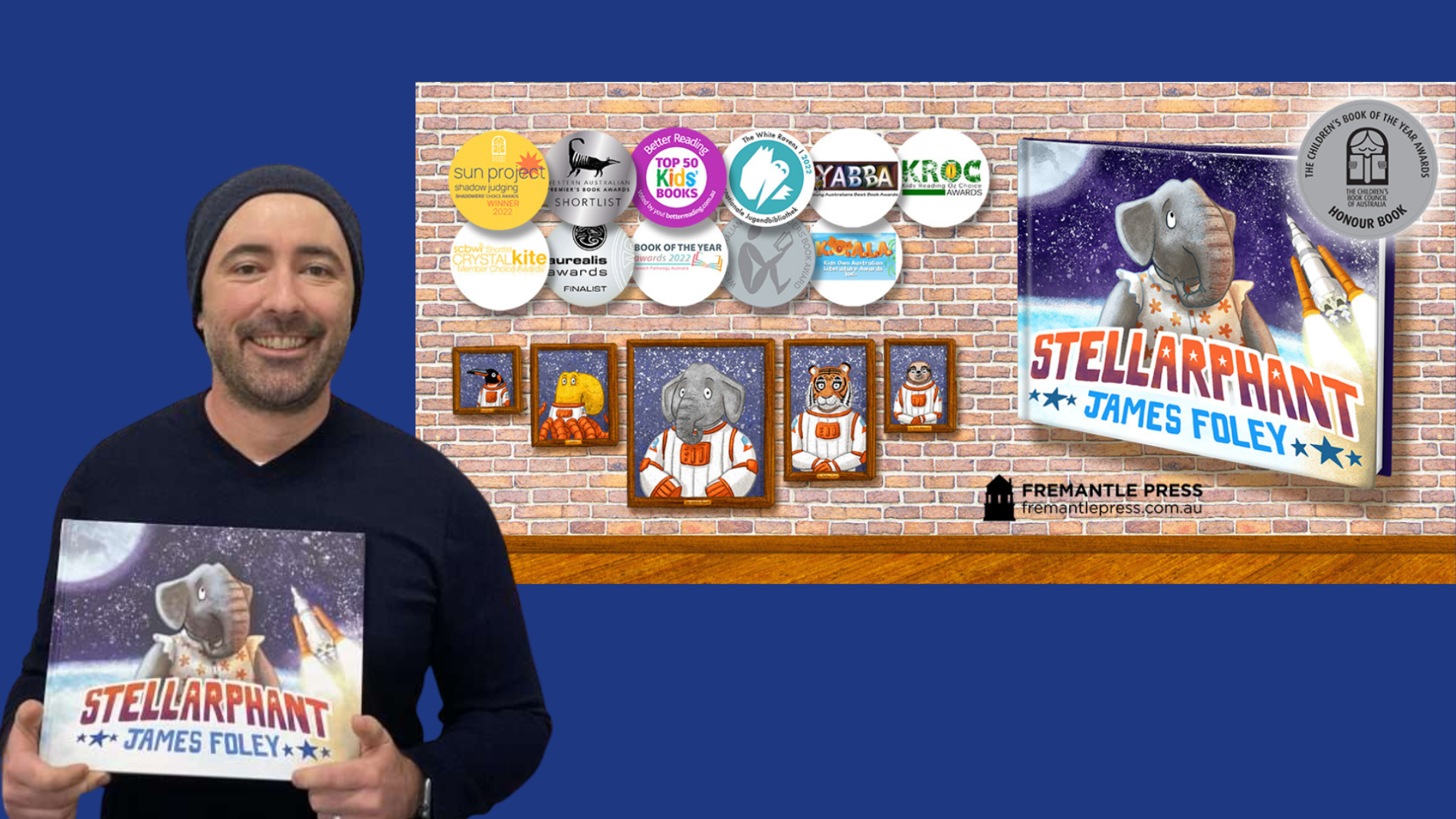 A photo of James Foley next to a line up of awards for his book 'Stellarphant'.