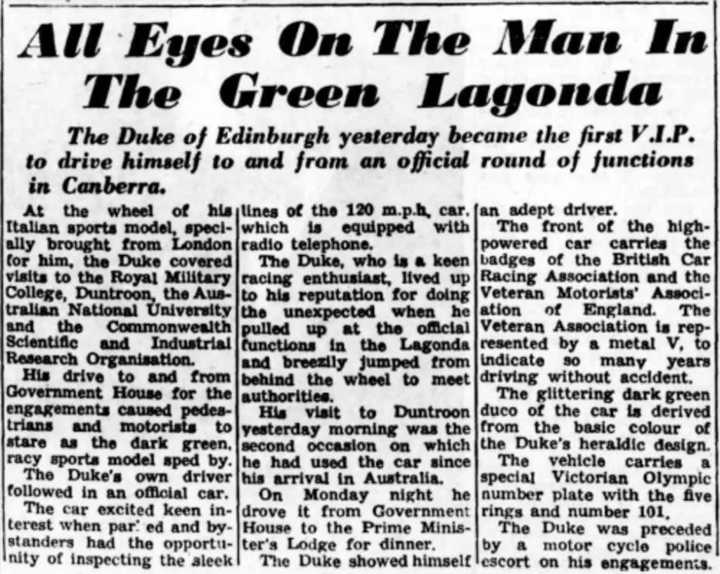 Newspaper article from the Canberra Times, describing when Prince Philip drove a sports car around Canberra. Newspaper article from the Canberra Times, describing when Prince Philip drove a sports car around Canberra.