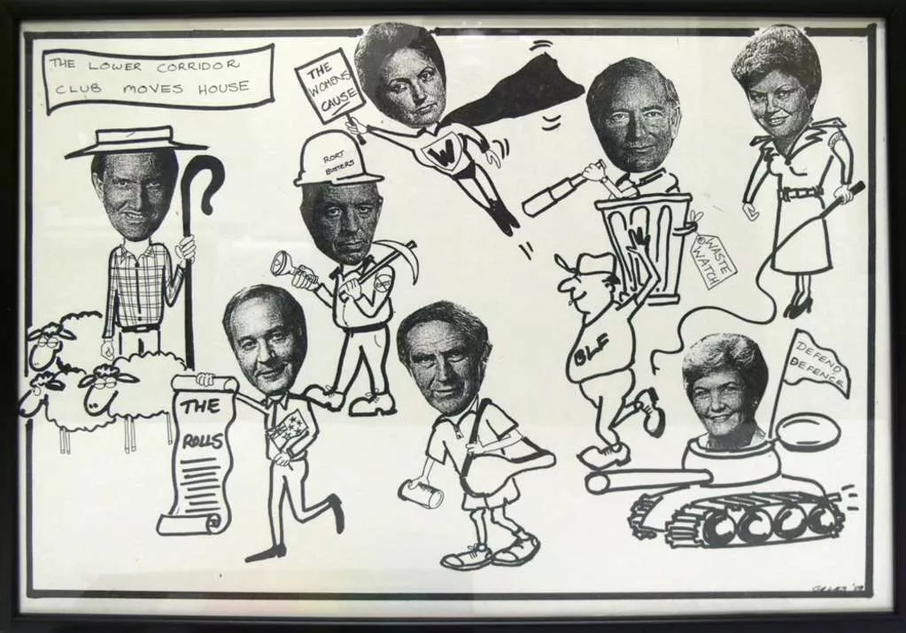A hand-made collage entitled 'The lower corridor club moves house', depicting various Australian senators. A hand-made collage entitled 'The lower corridor club moves house', depicting various Australian senators.