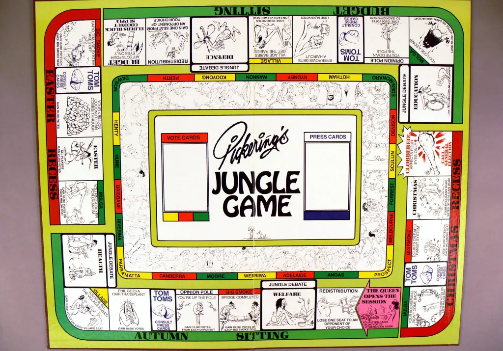 A colourful board game entitled 'Pickering's Jungle Game', illustrated with various political figures and themes. A colourful board game entitled 'Pickering's Jungle Game', illustrated with various political figures and themes.