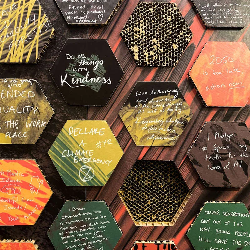 A wall with colourful hexagon tiles in a honeycomb pattern, with ideas and messages hand written in each tile. A wall with colourful hexagon tiles in a honeycomb pattern, with ideas and messages hand written in each tile.