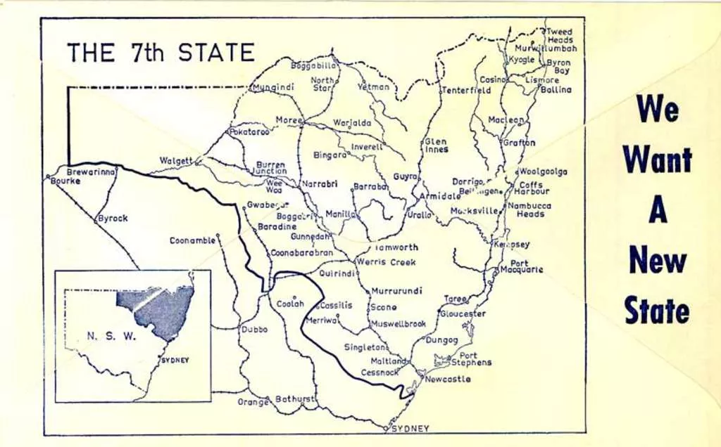 This envelope shows proposed borders, including Newcastle, for the 1967 referendum on New England statehood This envelope shows proposed borders, including Newcastle, for the 1967 referendum on New England statehood