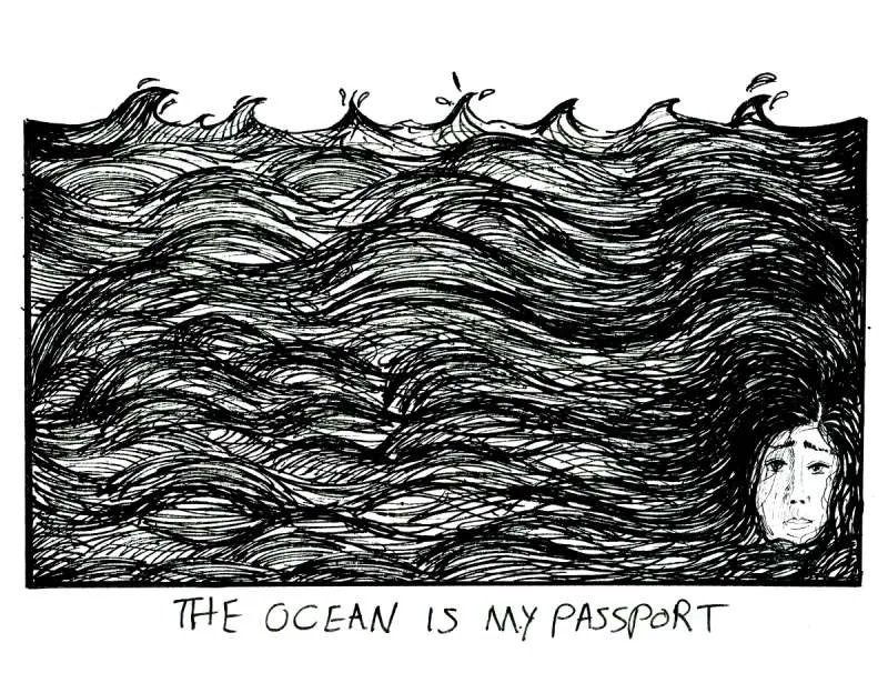 A hand-drawn illustration showing a sad face surrounded by water and waves, with the title 'The ocean in my passport'. A hand-drawn illustration showing a sad face surrounded by water and waves, with the title 'The ocean in my passport'.