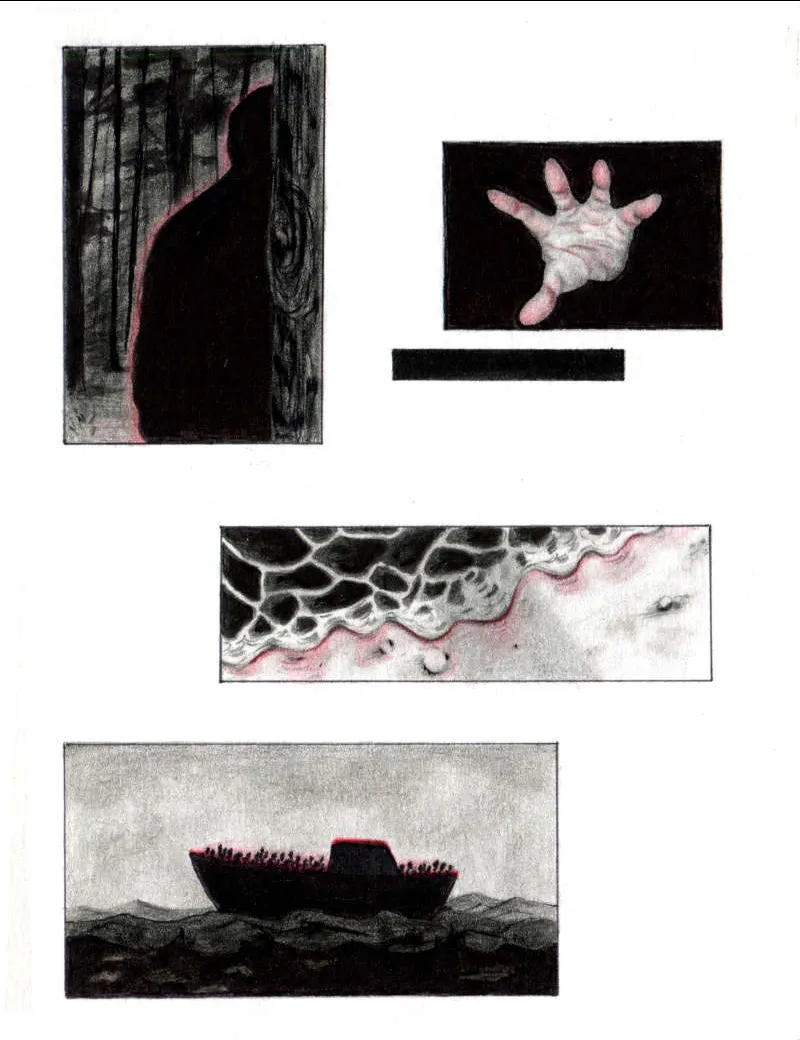 A series of sketches in black, white and pink: a silhouette in the woods; a hand reaching out; a shoreline from above; and a boat on the horizon. A series of sketches in black, white and pink: a silhouette in the woods; a hand reaching out; a shoreline from above; and a boat on the horizon.
