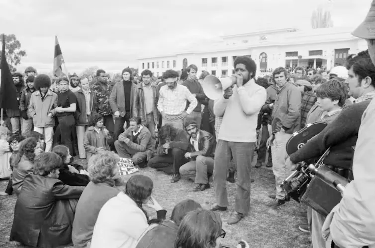 Activist and actor Bob Maza addresses a protest at the Aboriginal Tent Embassy in front of Parliament House Activist and actor Bob Maza addresses a protest at the Aboriginal Tent Embassy in front of Parliament House
