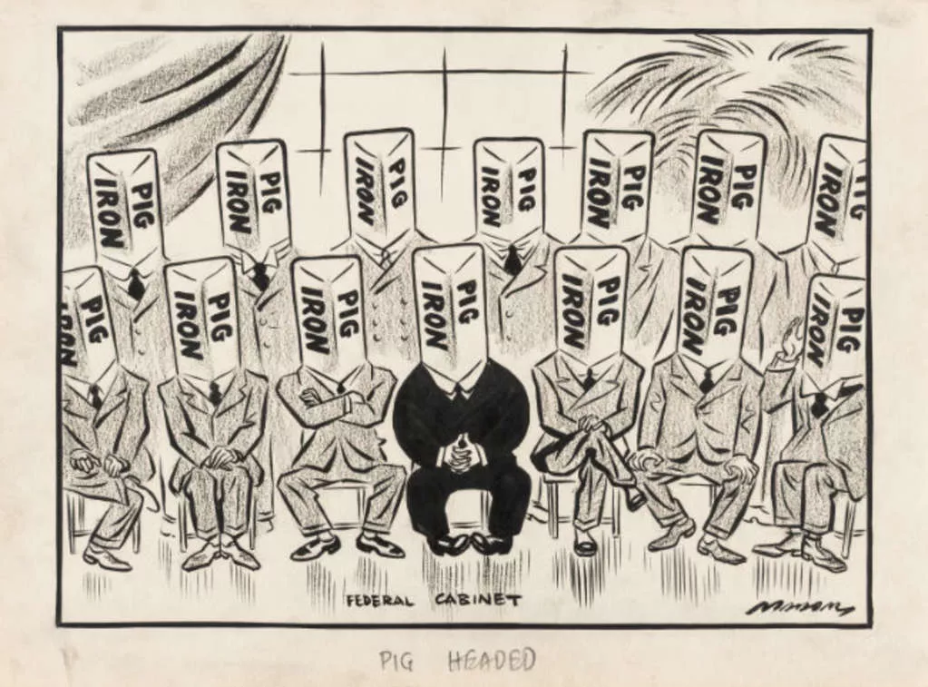 A cartoon depicting the entire Lyons Cabinet with heads made from pig iron