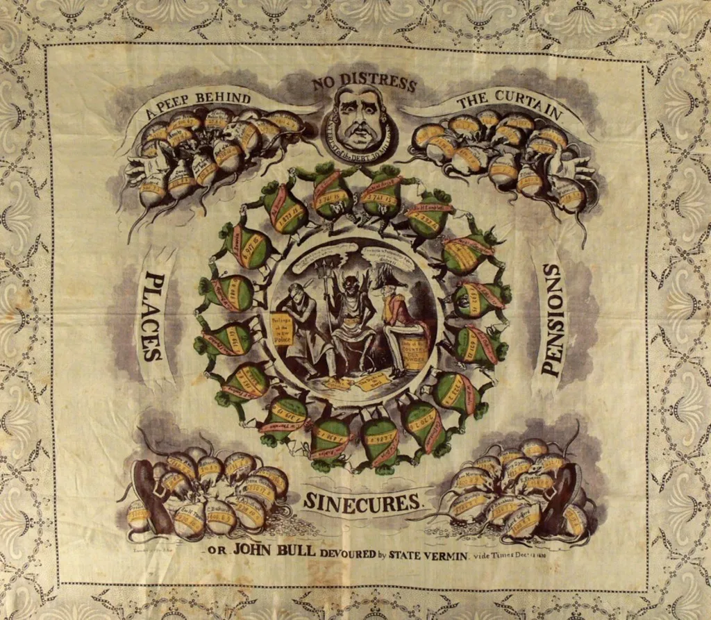 A silk handkerchief, with an ornate patterned border, and an illustration depicting a man being eaten alive by rats whilst a circle of green money bags dances in a ring. A silk handkerchief, with an ornate patterned border, and an illustration depicting a man being eaten alive by rats whilst a circle of green money bags dances in a ring.