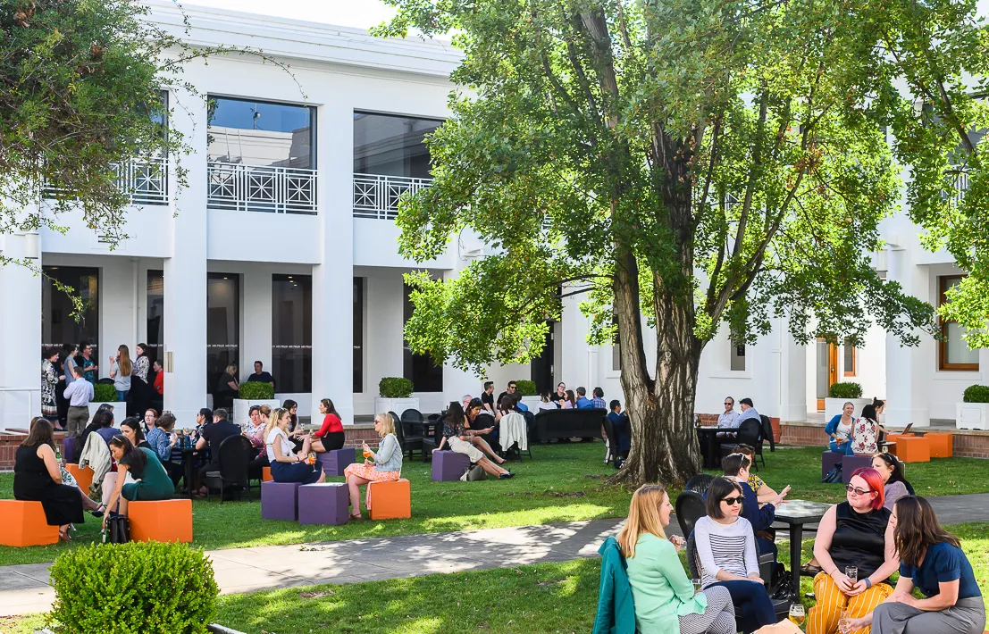 A grassy outdoor courtyard with trees surrounded by the white walls of a building. Casual tables and chairs are set up with groups of people eating and drinking. A grassy outdoor courtyard with trees surrounded by the white walls of a building. Casual tables and chairs are set up with groups of people eating and drinking.