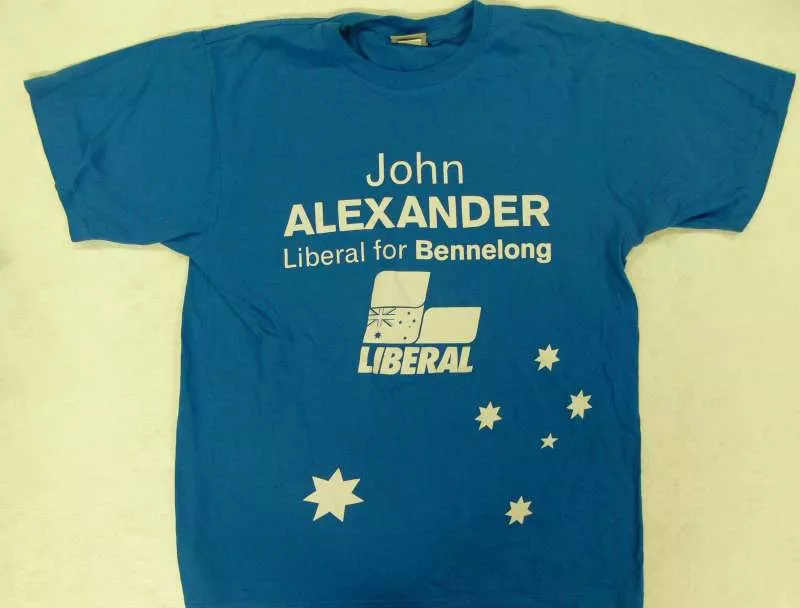 A photograph of John Alexander's campaign shirt A photograph of John Alexander's campaign shirt