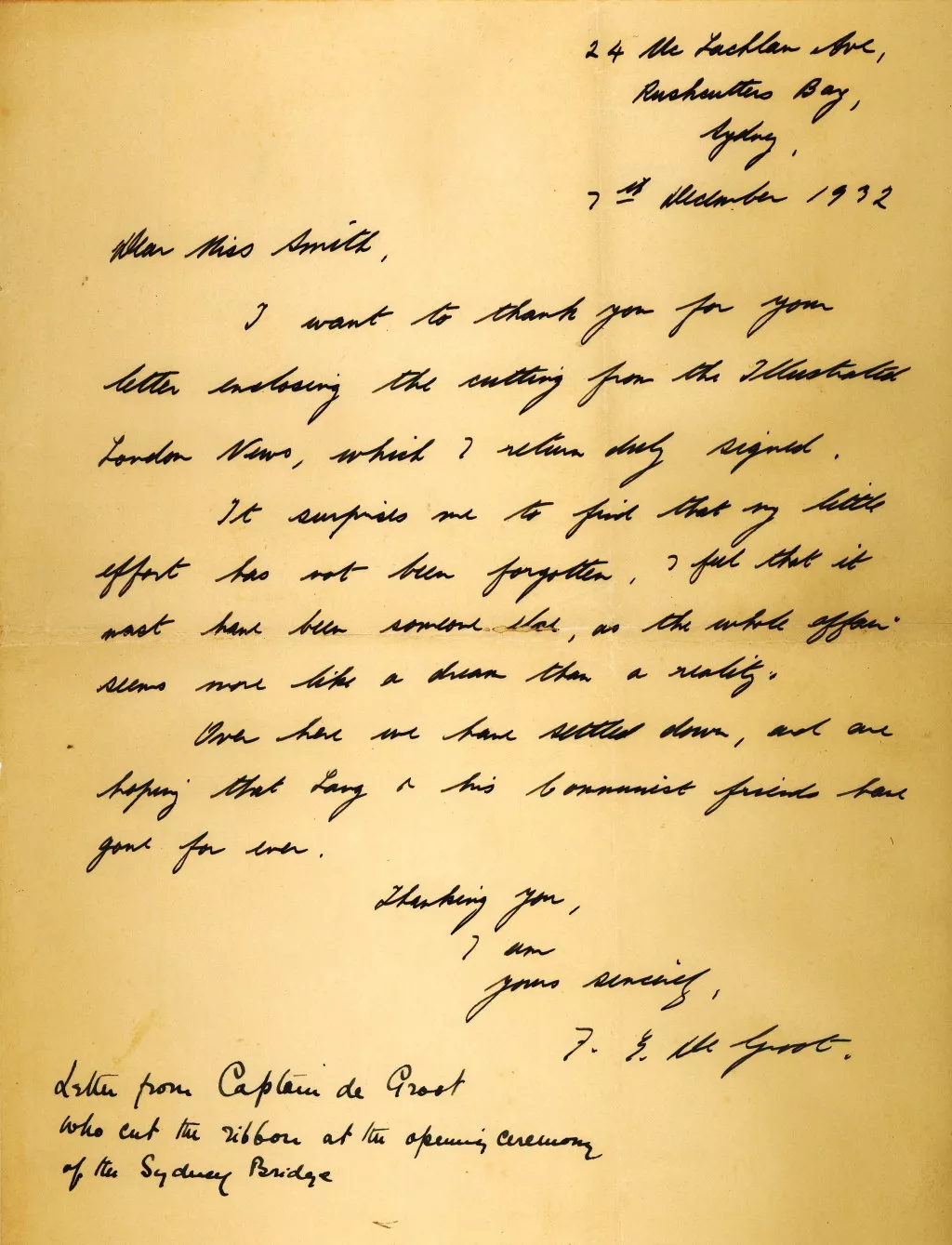 Letter with cursive script hand written in black ink on faded yellow paper. Letter with cursive script hand written in black ink on faded yellow paper.