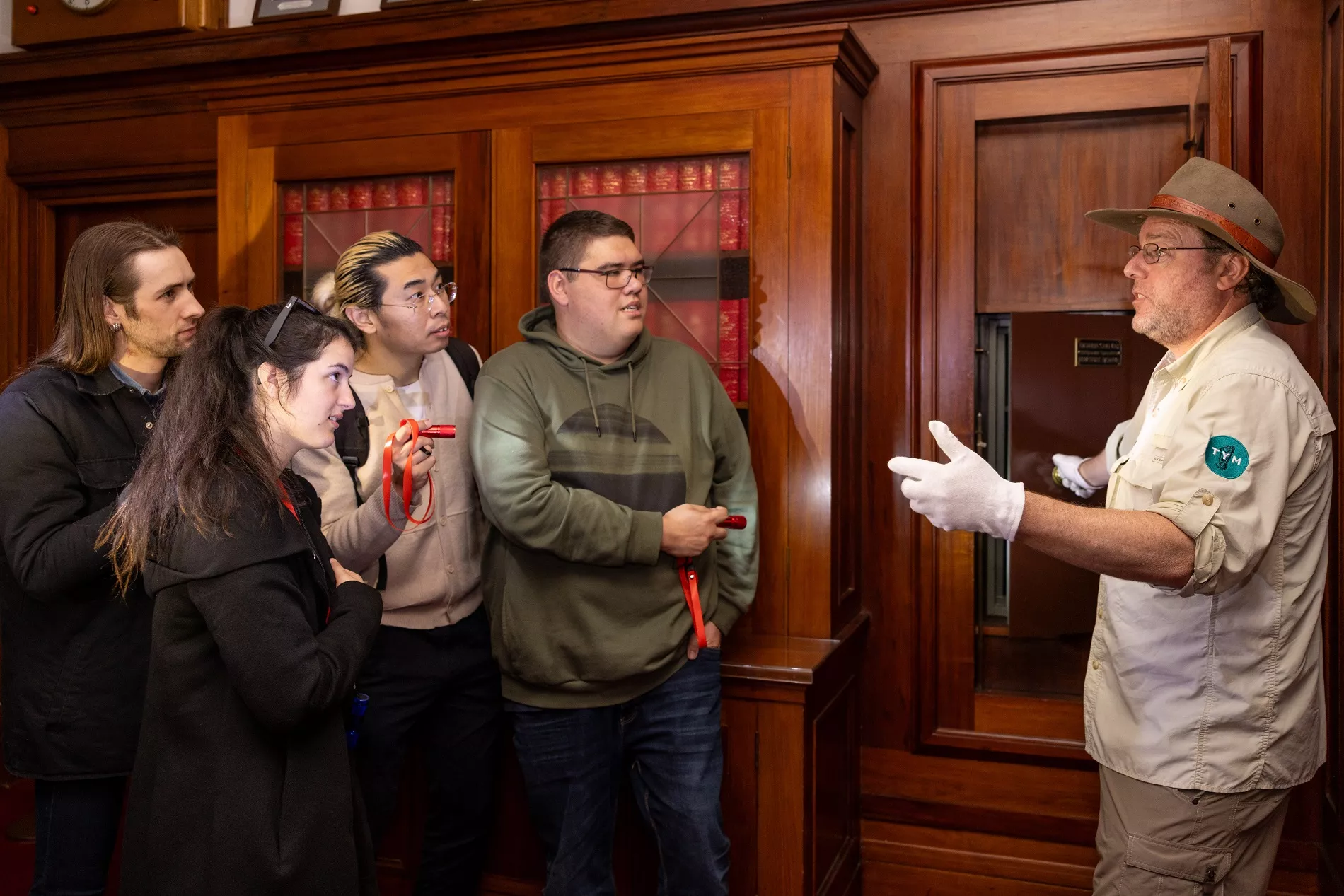Tim the Yowie Man showing a tour group a room in Old Parliament House. Tim the Yowie Man showing a tour group a room in Old Parliament House.
