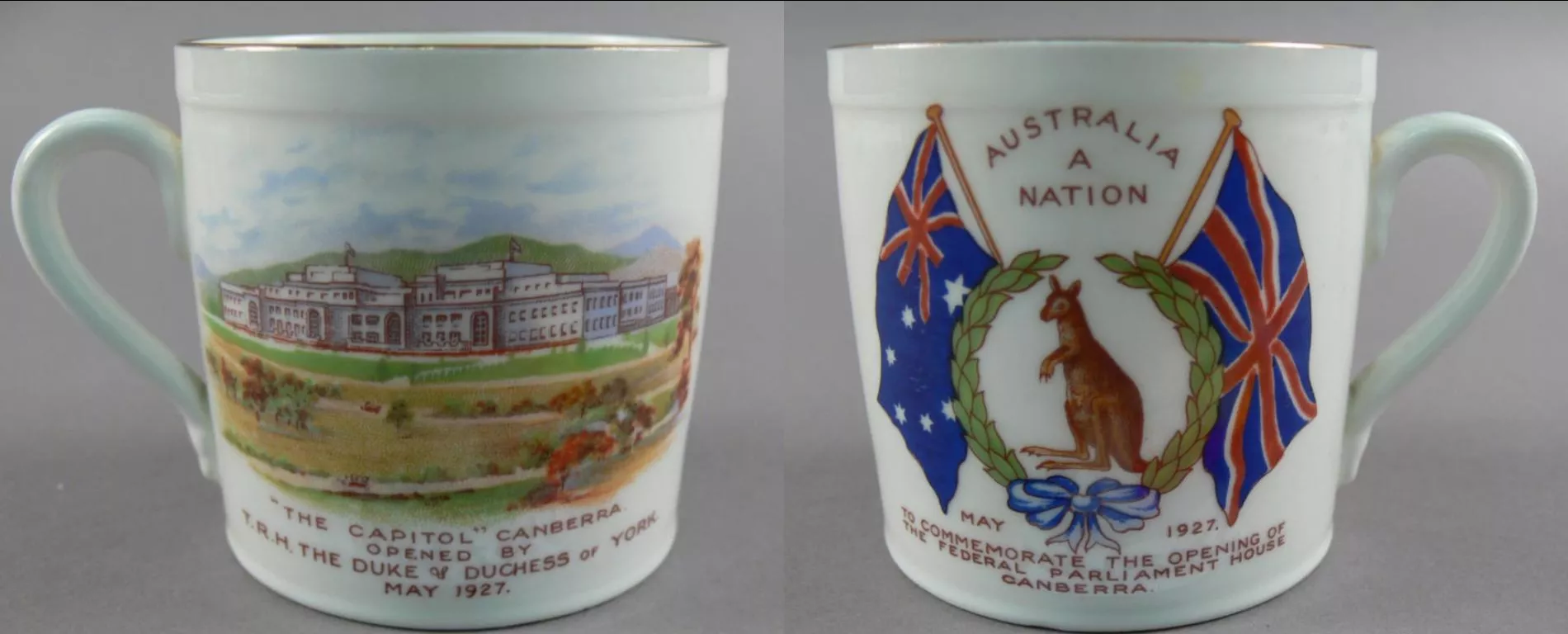 Souvenir mug from 1927, the front depicting parliament house surrounded by green hills and fields, the back showing a wreath with a kangaroo and the Australian and UK flags. Souvenir mug from 1927, the front depicting parliament house surrounded by green hills and fields, the back showing a wreath with a kangaroo and the Australian and UK flags.