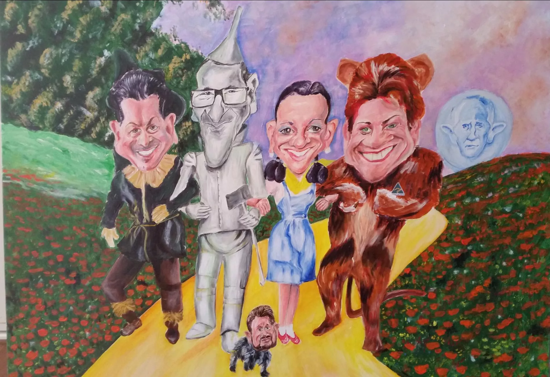 A painting depicting Australian politicians as characters from the Wizard of Oz, walking down the yellow brick road, arm in arm with big smiles on their faces. A painting depicting Australian politicians as characters from the Wizard of Oz, walking down the yellow brick road, arm in arm with big smiles on their faces.