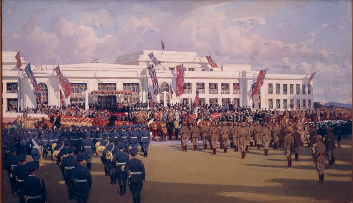 An oil painting depicting troops assembled with crowds in front of Old Parliament House, which is flying the Union Jack and Australian Ensign flags. An oil painting depicting troops assembled with crowds in front of Old Parliament House, which is flying the Union Jack and Australian Ensign flags.