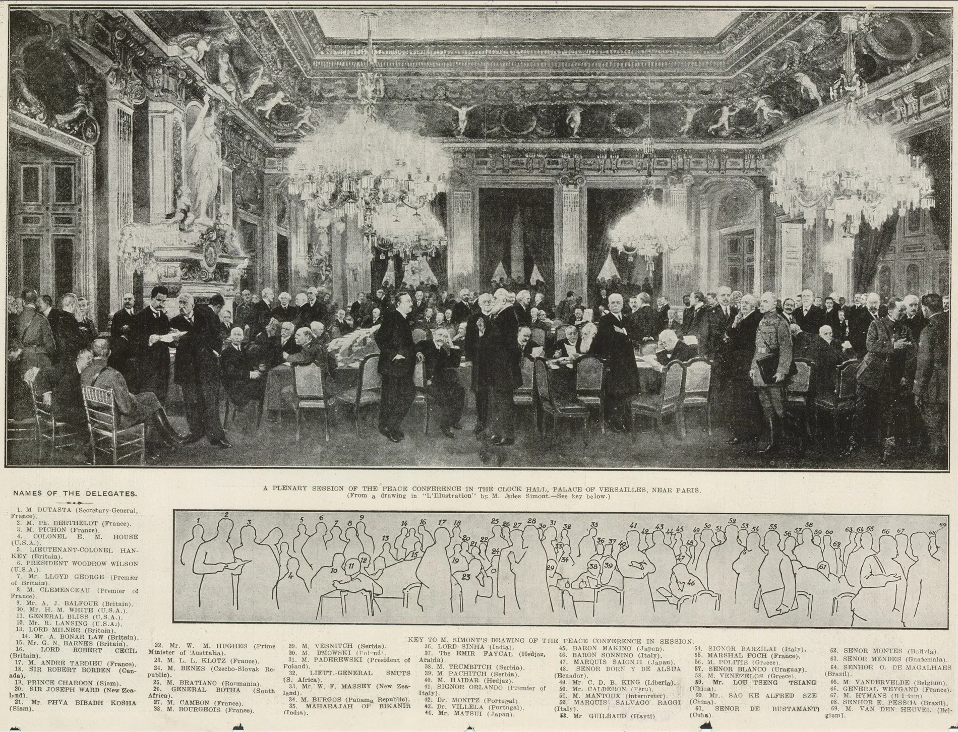 A newspaper clipping photograph of men in suits, delegates at the Paris Peach Conference, standing in a large decorated hall with chandeliers, statues and relief art. A newspaper clipping photograph of men in suits, delegates at the Paris Peach Conference, standing in a large decorated hall with chandeliers, statues and relief art.