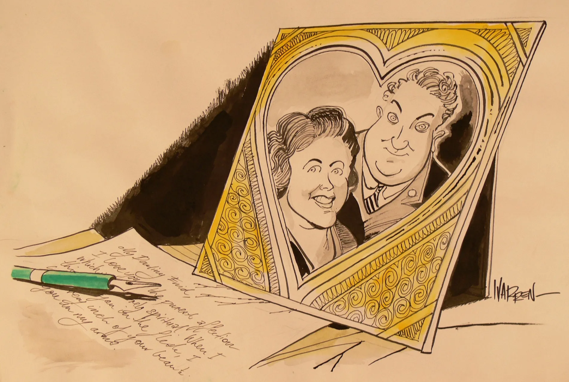 Cartoon showing a heart-shaped photo frame with Joe and Enid Lyons, on a table with a pen and a hand-written love letter addressed to 'My Darling Enid'. Cartoon showing a heart-shaped photo frame with Joe and Enid Lyons, on a table with a pen and a hand-written love letter addressed to 'My Darling Enid'.